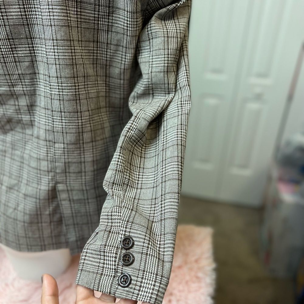 Chocolate USA Plaid Open Front Blazer Jacket Women’s Size S Brown Tan Lined - Picture 6 of 9